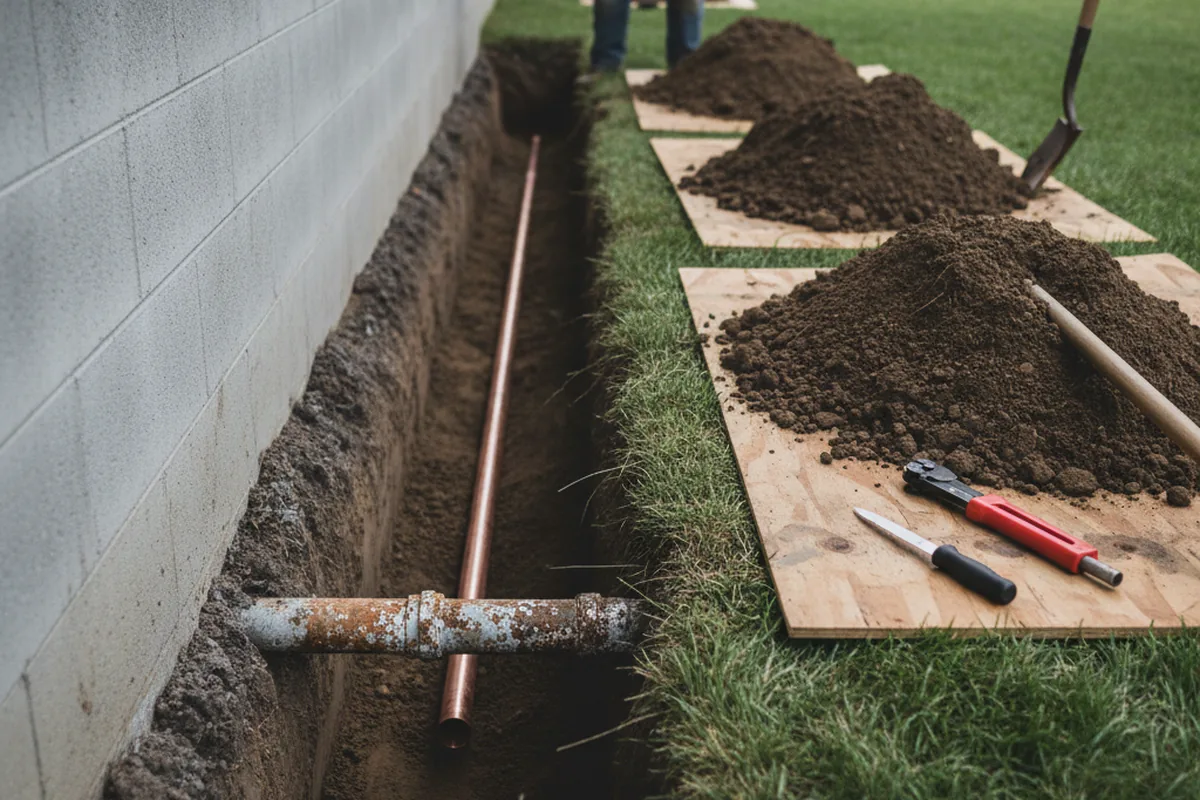 Excavated water line trench during Sewer Line Repair in Wahiawa